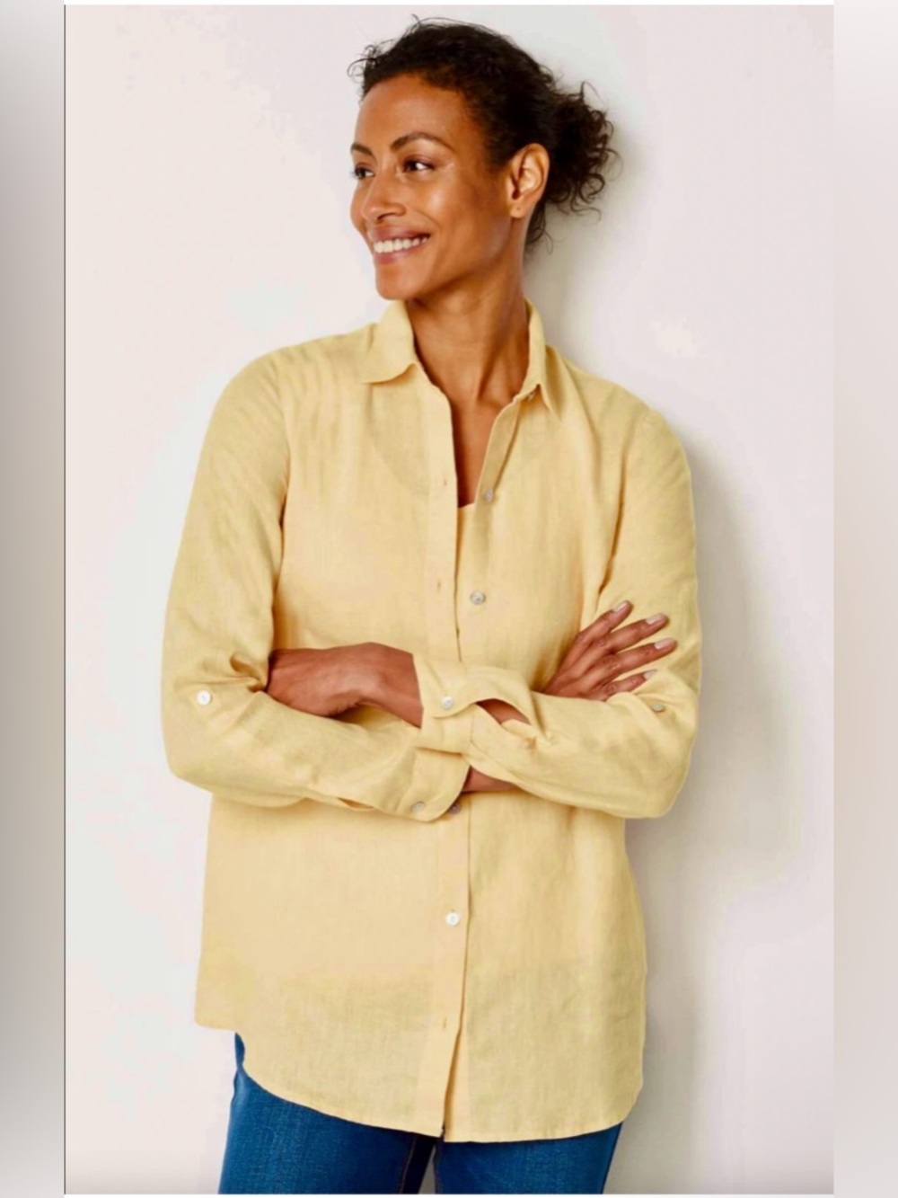 J. Jill 100% Linen Button Down Shirt Long Sleeve Yellow Size Medium